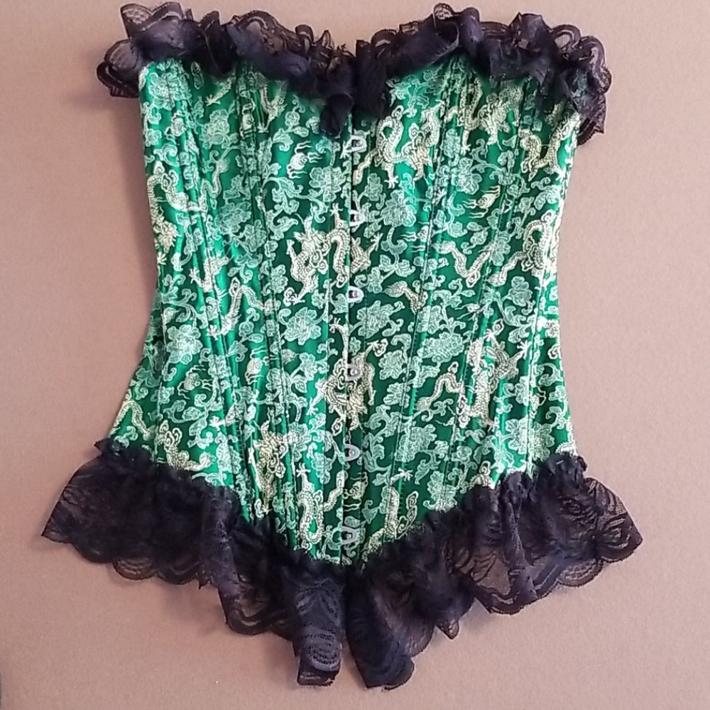 Corset Green with Japanese Print and Lace Detail